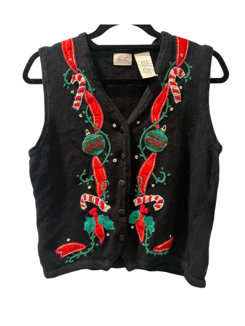 VTG Kathie Lee Christmas Ornament Sweater Vest Black Knit Candy Cane Holly Med
